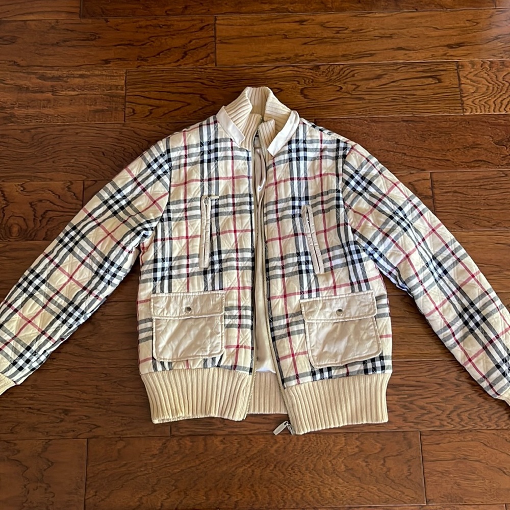 Burberry Cream Plaid Quilted Bomber Jacket with Black & Red Trim